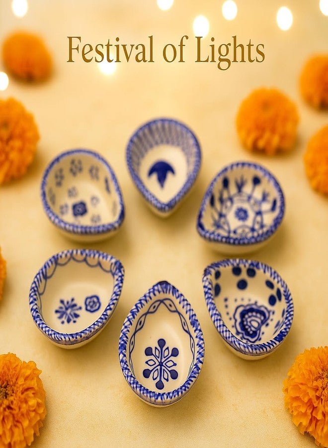 Indian-Shelf IndianShelf 6 Piece Diwali Diyas Blue and White Puja Oil Lamp Ceramic Diya Deepam Deepak Blue Pottery Bulk Diwali Gifts Home Temple Puja Articles Mandir Decor Diwali Housewarming Return Gift - Image 4